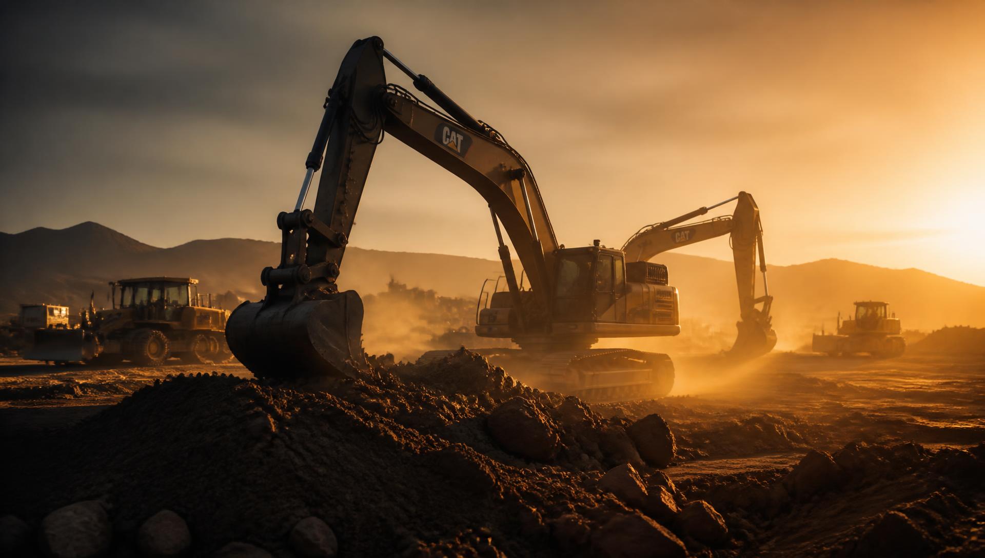 Heavy excavators working on a land development site at golden hour